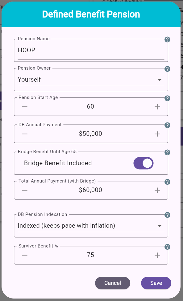 Defined Benefit Pension Edit Dialog