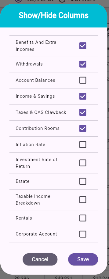 Show or Hide Columns Dialog