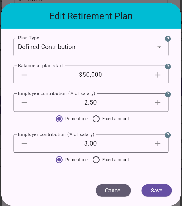 Defined Contribution plan edit dialog