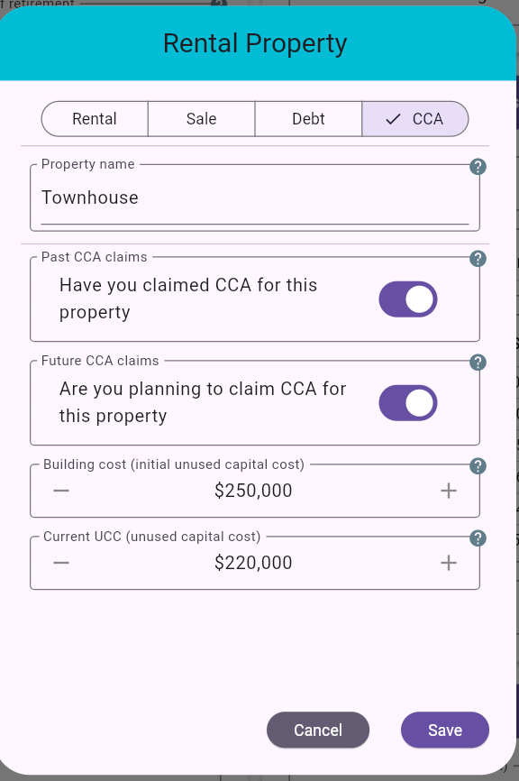 Rental Property Dialog - CCA Tab