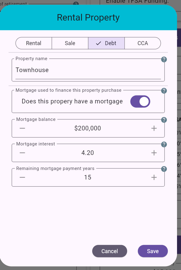 Rental Property Dialog - Debt Tab